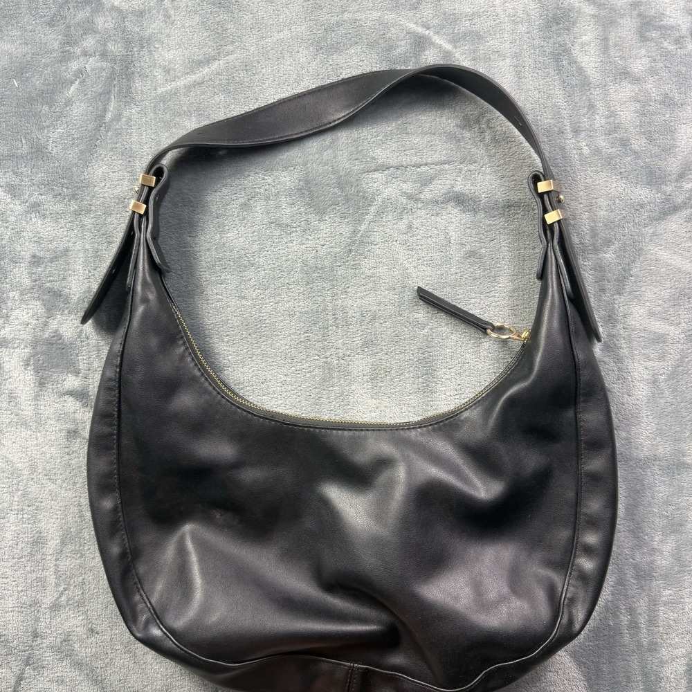 Black Crescent Hobo Shoulder Bag Gold Hardware Minimalist Slouchy Purse